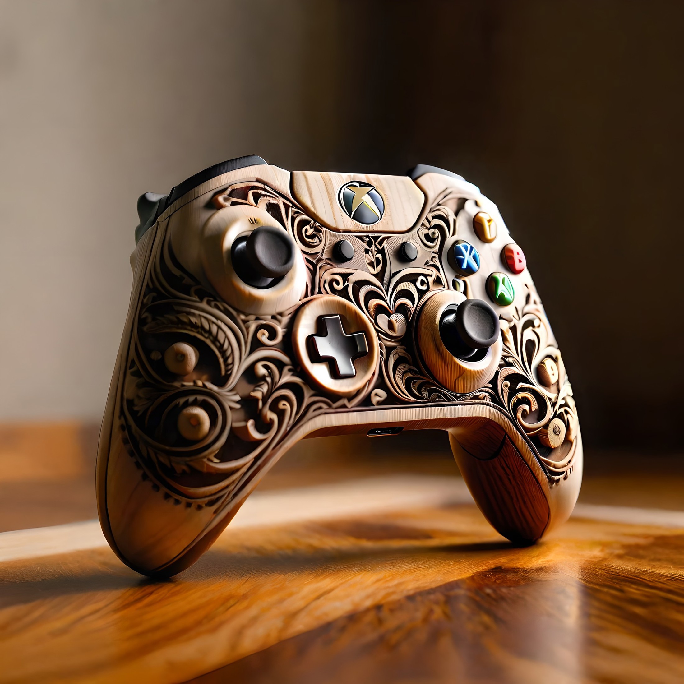 a hyper detailed brown xbox controller,wooden backround,bokeh,studio photo,highly detailed,<lora:add-detail-xl:1>,woodfigu...